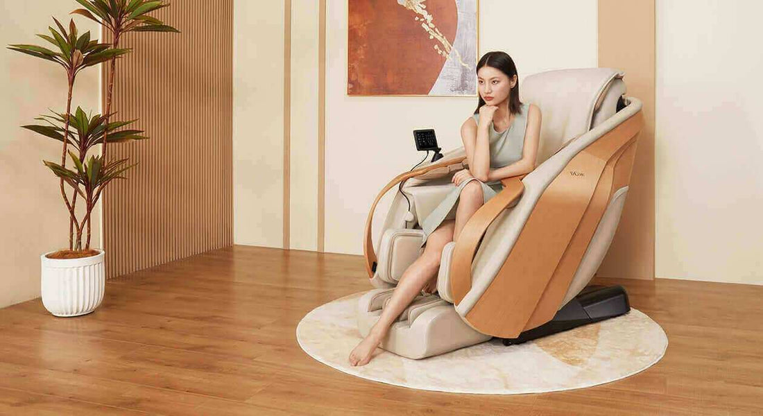 How to Choose the Best DCore 2 Massage Chair for You features a cream and tan massage chair with sculpted armrests and footrests.