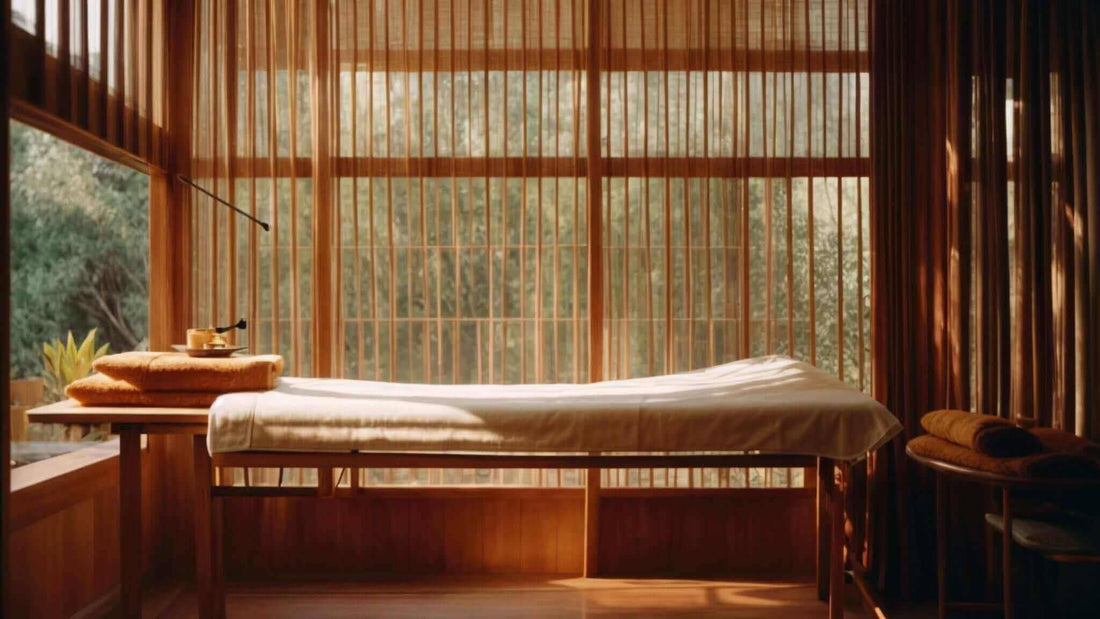 Massage table with a tan padded surface, wooden frame, and woven blinds behind it. How to choose the best electric massager - Fujiiryoki Tips