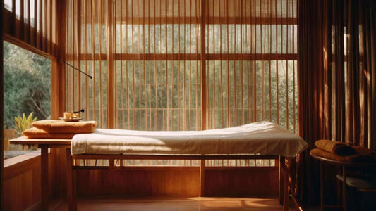 Massage table with a tan padded surface, wooden frame, and woven blinds behind it. How to choose the best electric massager - Fujiiryoki Tips