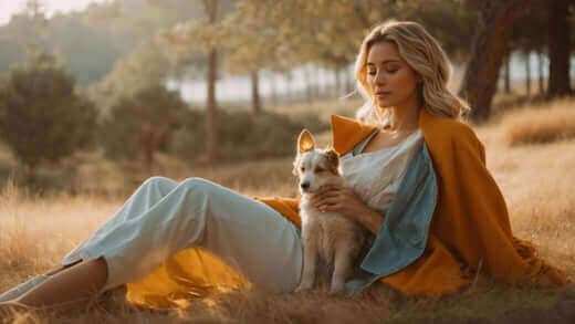 How to Choose the Best Synca CirC Plus Massage Chair: Review features a woman in a mustard cardigan holding a small dog while seated outdoors.