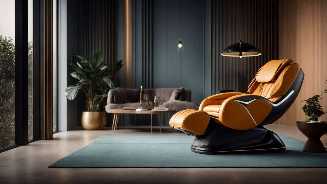 Massage chair in orange-brown leather with black accents, padded reclining seat, extended footrest and curved base.