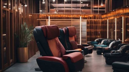 How to Choose the Right Massage Chair: A Guide Featuring DCore, Fujiiryoki, Synca Wellness, and Inner Balance: row of black and burgundy leather massage chairs with padded armrests