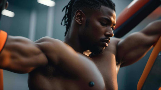 Massage Chair article image featuring a shirtless muscular man with short locs raising his arms during a workout; no chair is visible.