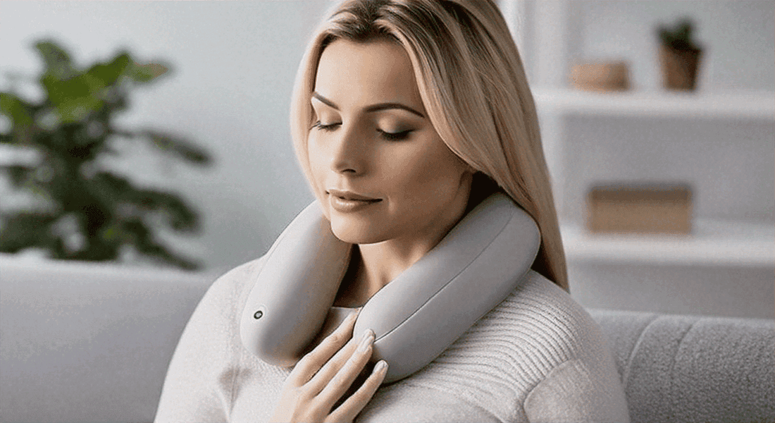 Neck and shoulder massager in light gray fabric, worn around the neck with curved padded arms and control button; How to Use a Neck & Shoulder Massager for Maximum Relief