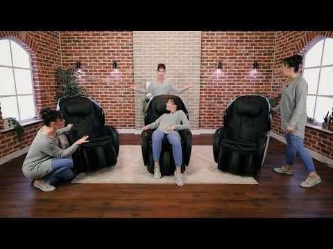 Review of the Synca CirC 3 massage chair in a modern setting with a woman demonstrating features