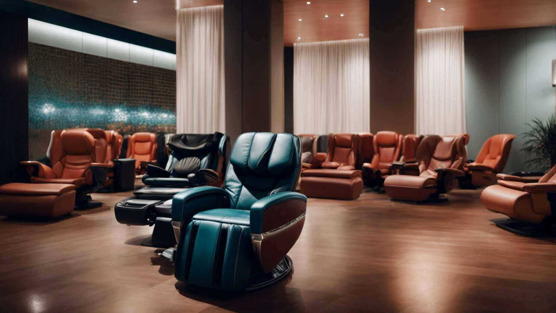 Massage chair in dark teal leather with padded contours and footrest, showcasing Innovation in Relaxation: How Modern Massage Chairs Are Revolutionizing Comfort