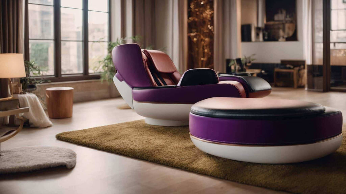 Massage chair with plum-purple upholstery, a white base, contoured reclining seat and matching rounded footrest; Innovative Features to Look For in Your Next Massage Chair