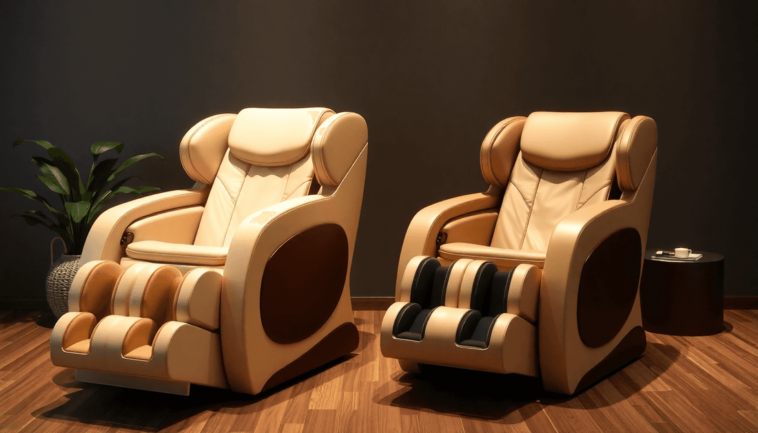 Massage chairs in tan leather-look upholstery with padded headrests, armrests and segmented foot massagers; Japanese Massage Chairs for relaxation.