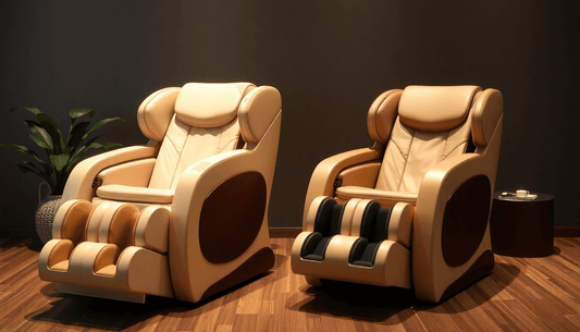 Massage chairs in tan leather-look upholstery with padded headrests, armrests and segmented foot massagers; Japanese Massage Chairs for relaxation.