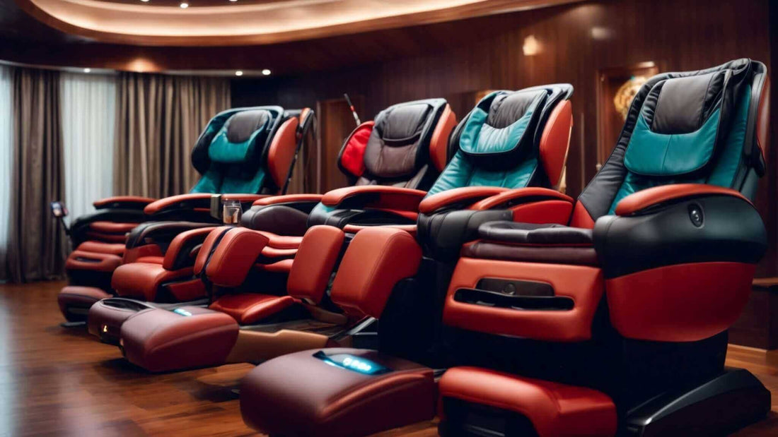 Massage chairs with red and black upholstery, teal and gray headrests, wide seats and padded ottomans; Ji vs. Jin vs. Jin 2.0 Massage Chairs: A Comprehensive Review