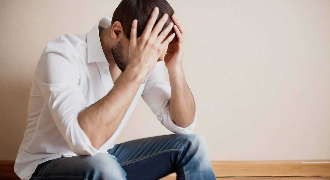 Man in a white shirt and blue jeans sits hunched with his head in his hands, illustrating Massage Chair and Relieve Stress: A Path to Tranquility