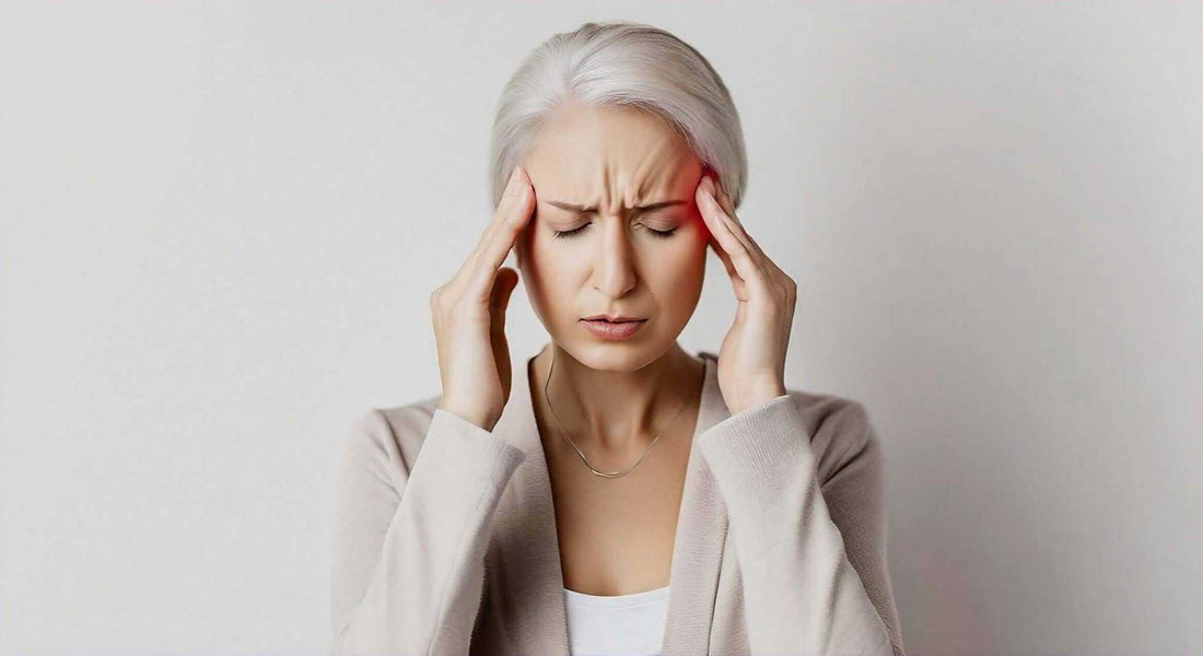 Massage Chair and Relieve Tension Headaches: A Soothing Solution features a woman pressing her temples, eyes closed in discomfort.
