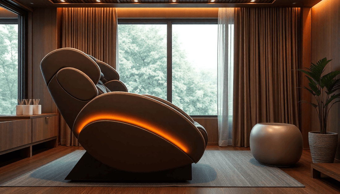 Brown leather massage chair for your home with a reclining design, padded contours, and a glowing orange accent strip.