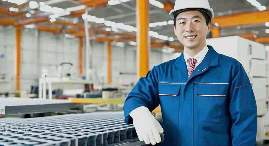 Massage Chair Manufacturers in Japan with a worker in blue factory uniform and white hard hat beside metal components