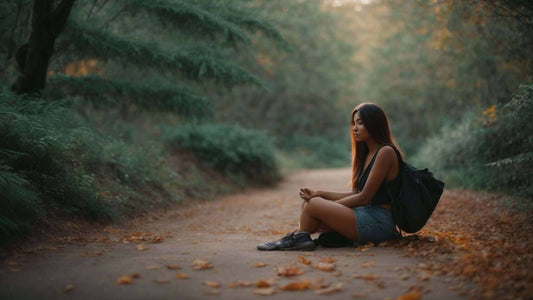 Massage Chairs and Mental Health: A Proven Way to Reduce Depression accompanies a seated woman in a dark backpack and denim shorts