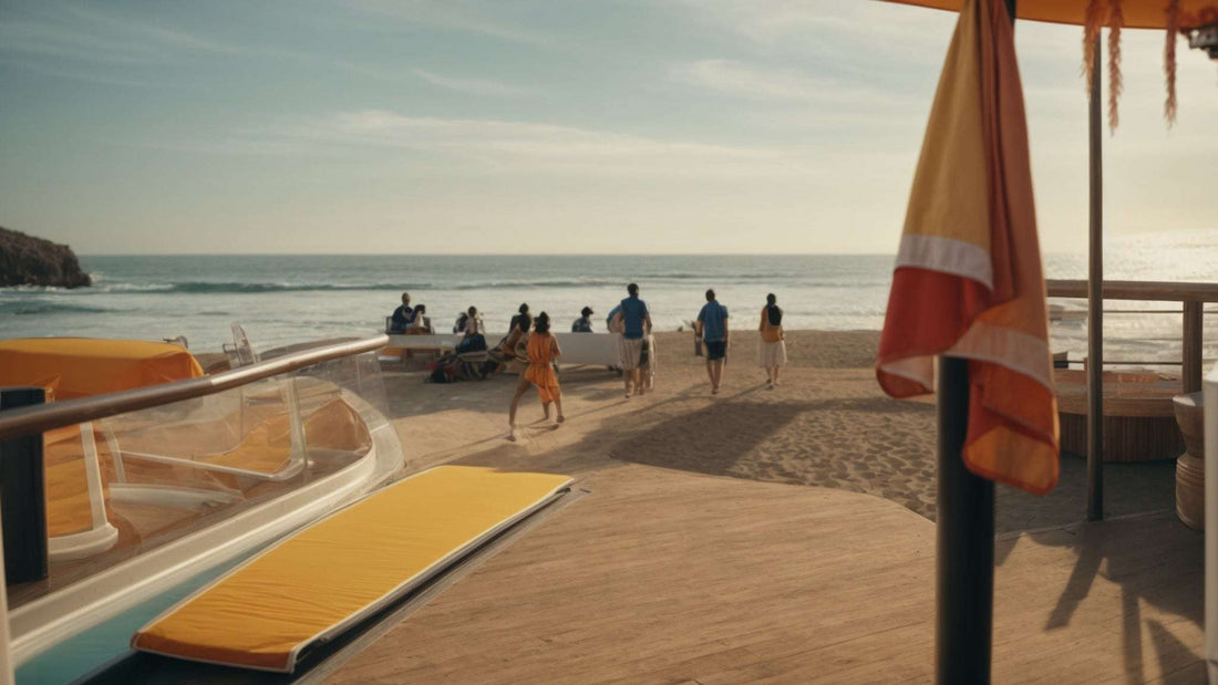 Massage Chairs Combat Joint Stiffness focuses on a beachside deck with yellow loungers and people walking toward the shore