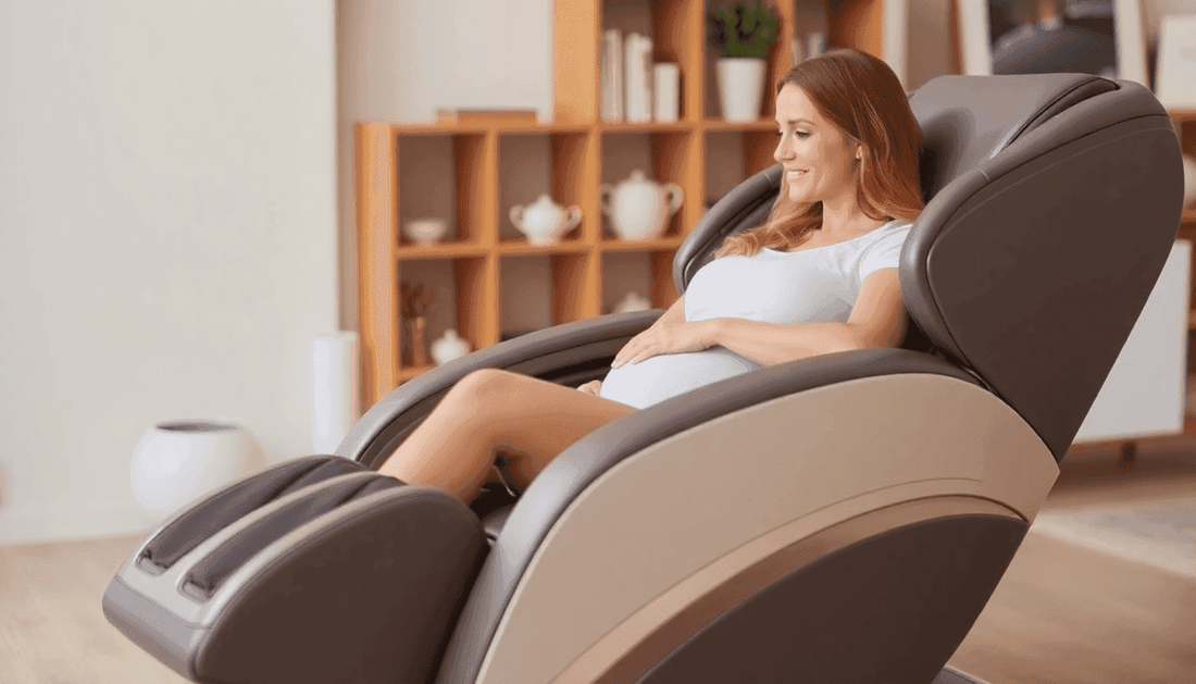 Massage chair with brown and taupe leather upholstery, reclined footrest and padded armrests; Massage Chairs Safe During Pregnancy support for expectant mothers