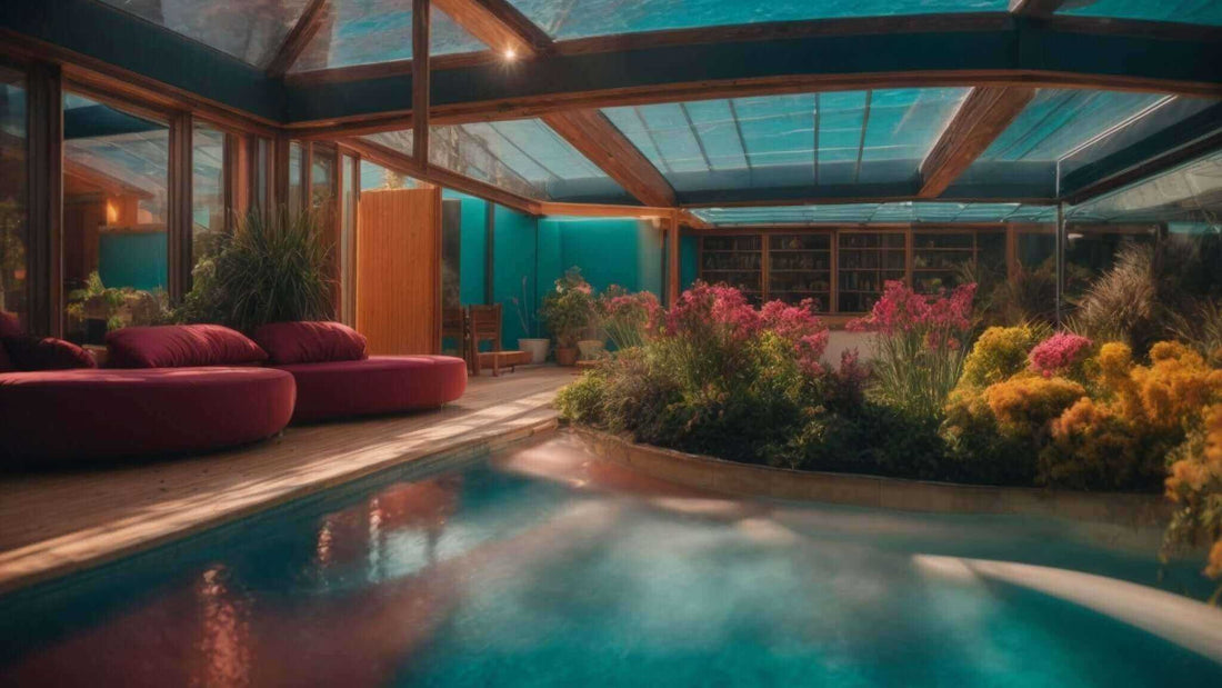 Indoor spa pool with turquoise water, wood-framed glass roof, burgundy lounge sofas and colorful garden plants; Massage Chairs: The Ultimate Tool for Deep Relaxation at Home