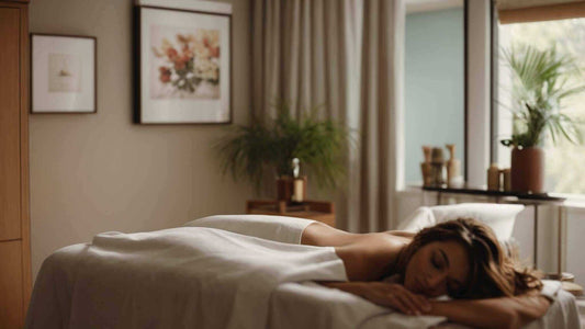 Massage therapy session with a woman lying face down under a white towel, illustrating massage therapy benefits and relaxation.