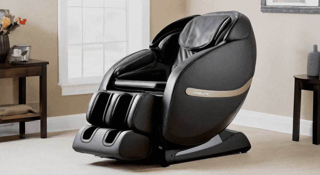 Maximizing Home Comfort: How the CirC 3 Massage Chair Enhances Your Lifestyle, a black leather massage chair with gold trim and padded footrest