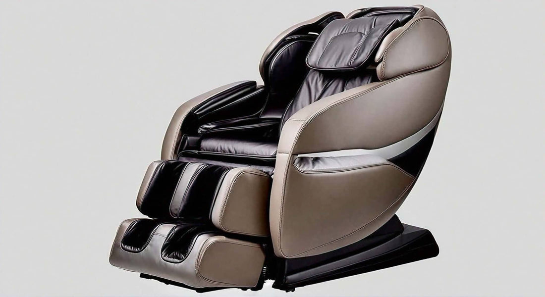Massage chair in taupe and black leather with a padded cocoon-style shell, reclining seat and leg massage compartments; Most reliable Massage Chair brand
