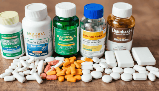 Medication bottles and assorted tablets, capsules, and caplets in white, orange, and pink; Muscle Relaxers Benefits displayed on labels.