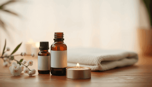 Essential oil bottles beside a lit candle and folded towel, illustrating Natural and Effective Tension Headache Relief: Top Strategies You Need to Know