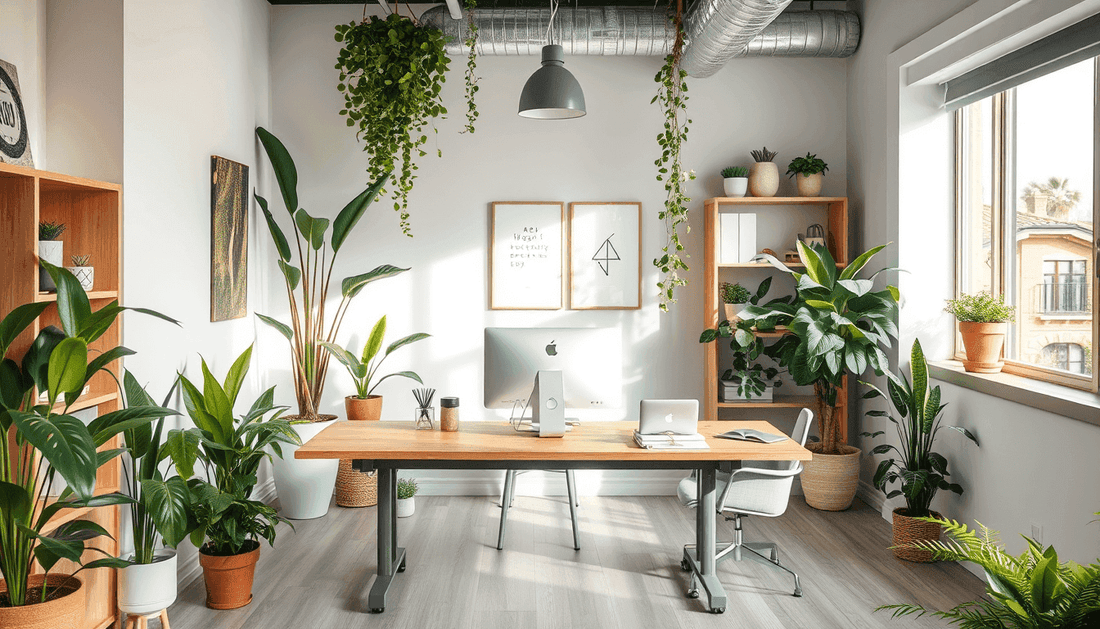 Office workspace with a wooden desk, computer, and lush green plants, illustrating a calm setting for Office Stress Relief.