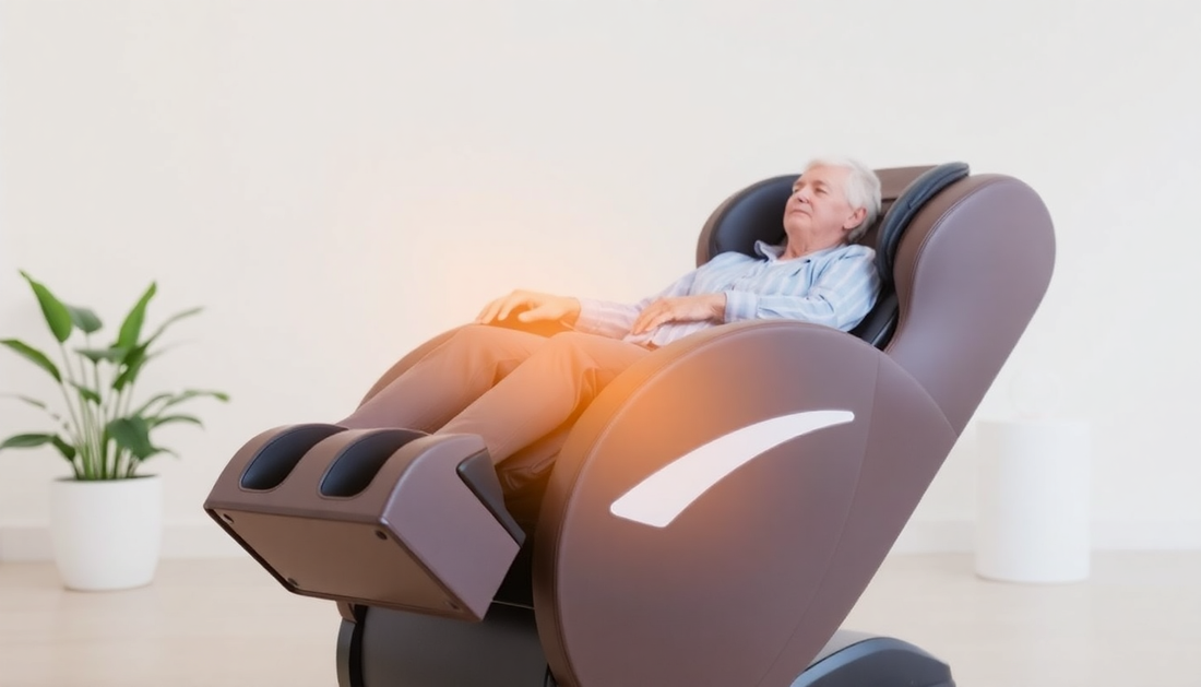 Elderly man relaxing in a modern massage chair for carpal tunnel relief in a bright room