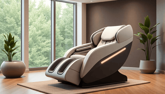 Sleek modern 3D, 4D, or 5D massage chair in a stylish room with natural light