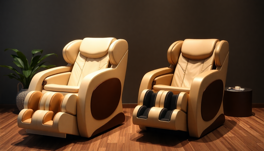 Two modern beige leather massage chairs in a cozy room with wooden floor for Japanese Massage Chair Guide
