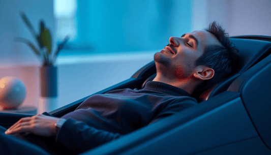Man relaxing in a massage chair enjoying the benefits of massage chairs for stress relief