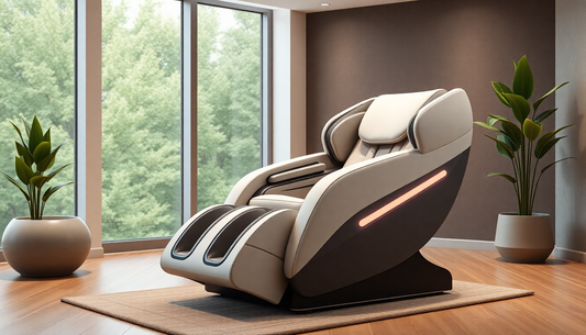 A modern 3D massage chair in a relaxing room