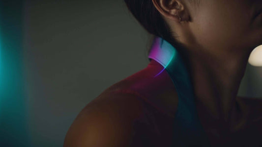 Neck massager with a curved black design and glowing magenta and cyan panels; Say Goodbye to Neck and Shoulder Pain with the Revolutionary Quzy Massager