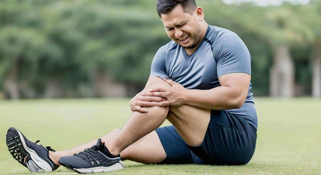 Sports injury massage depicts an athlete in a grey shirt and navy shorts clutching his bent knee in pain.