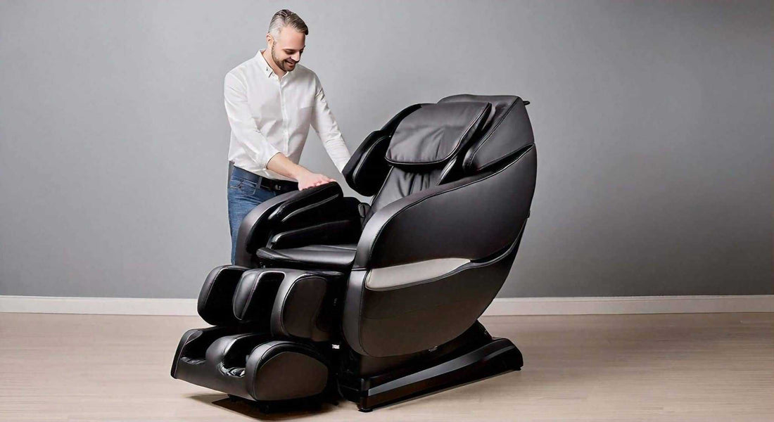 Massage chair in black leather with a reclining design and padded foot and calf massagers, shown beside a man; The Benefits of Owning a Massage Chair for Home Use.