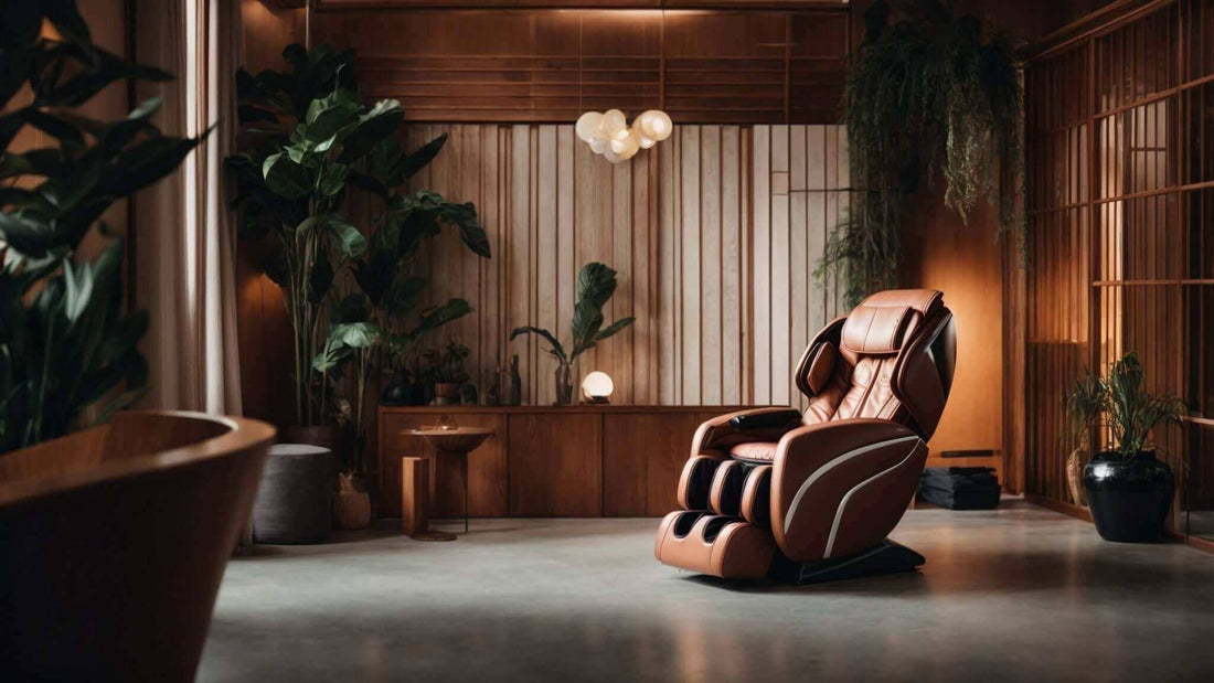 Massage chair featuring brown leather upholstery, padded headrest, armrests and leg supports in a sculpted design. The Complete Guide to Choosing the Perfect Massage Chair: DCore, Fujiiryoki, Synca Wellness, and Inner Balance