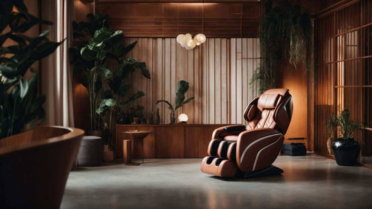 Massage chair featuring brown leather upholstery, padded headrest, armrests and leg supports in a sculpted design. The Complete Guide to Choosing the Perfect Massage Chair: DCore, Fujiiryoki, Synca Wellness, and Inner Balance