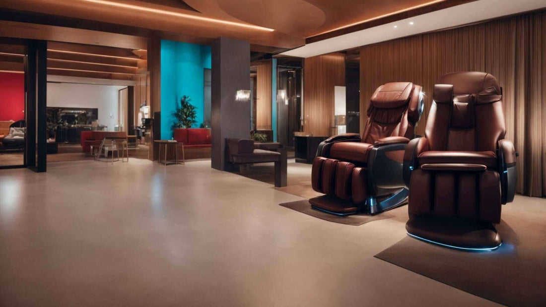 The Health Benefits of Regular Use of a Massage Chair in a modern lounge with two brown leather massage chairs and footrests