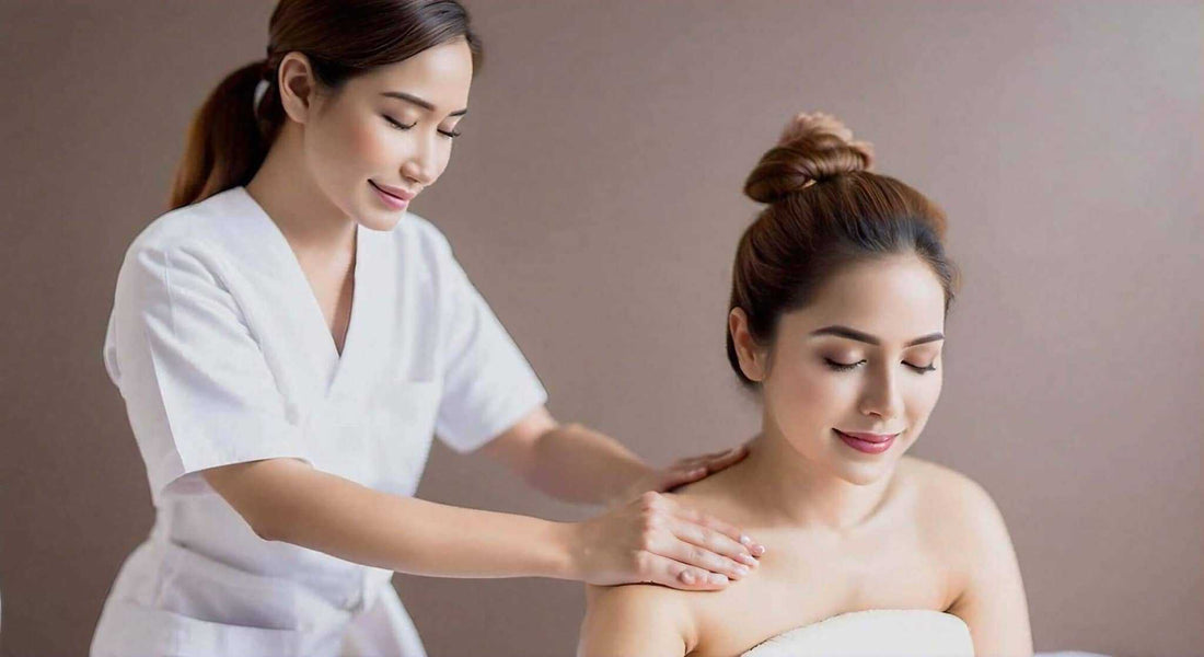 Massage therapy shows The Health Benefits of Using a Massage Chair, with a therapist gently kneading a seated woman's shoulders.