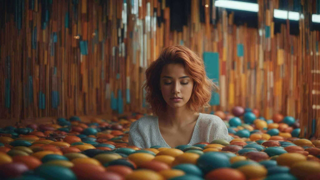 A woman sits quietly among colorful rounded cushions, with a tall wall of multicolored hanging pieces behind her; The Science Behind Massage Chairs and Stress Reduction
