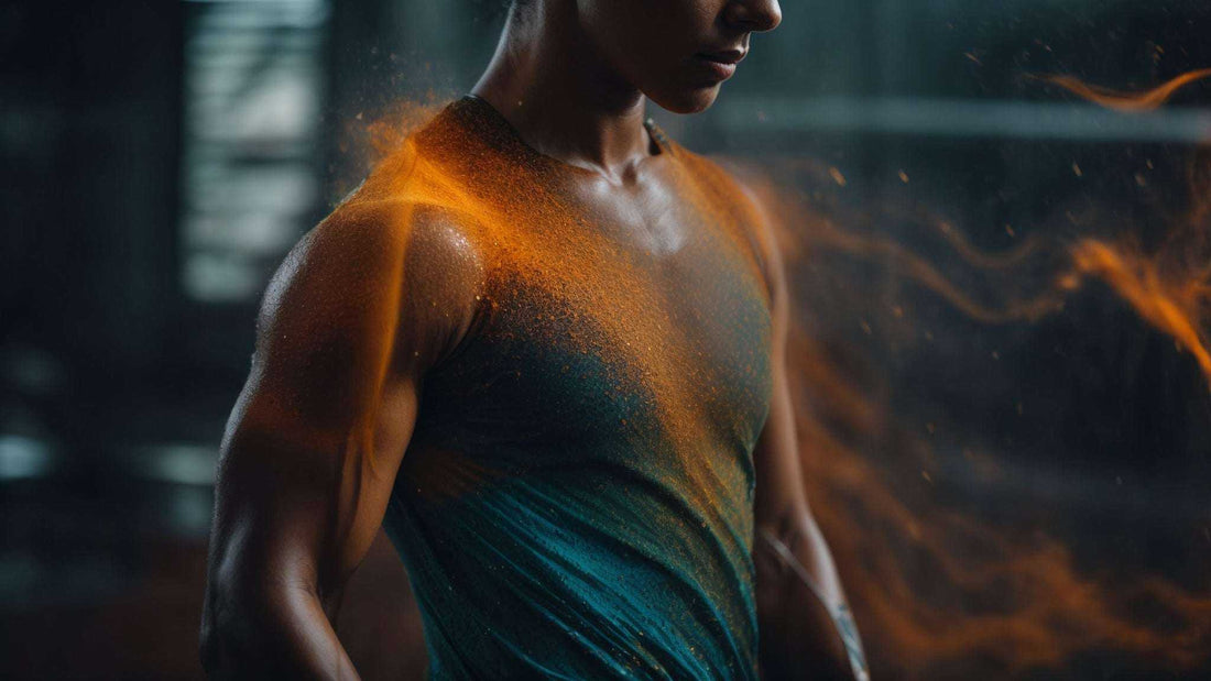Fitness-themed image of a muscular person in a dark sleeveless shirt, overlaid with glowing orange energy lines, for Massage Chairs Relieving Tension & Pain
