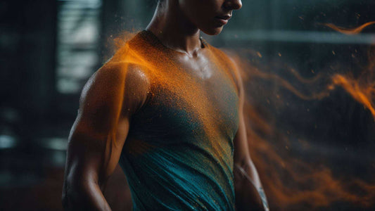 Fitness-themed image of a muscular person in a dark sleeveless shirt, overlaid with glowing orange energy lines, for Massage Chairs Relieving Tension & Pain
