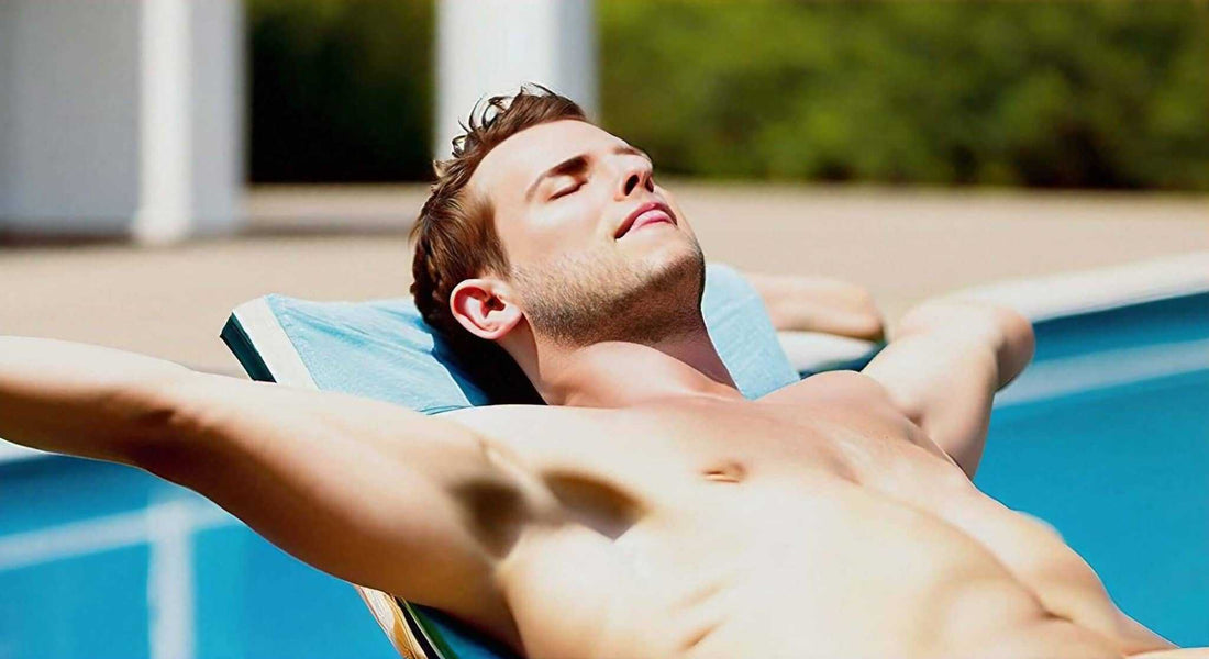 The Top Massage Chairs of 2024 for Ultimate Relaxation title accompanies a shirtless man reclining on a blue lounge chair