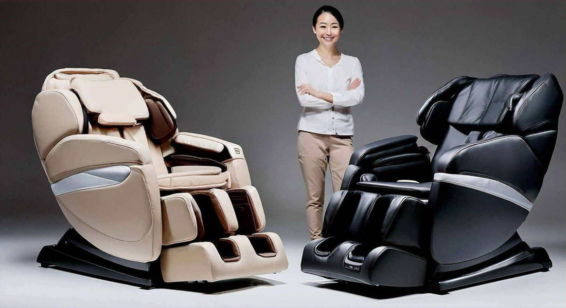 The Ultimate Guide to Choosing the Best Japanese Massage Chair Brand featuring beige and black leather massage chairs with footrests