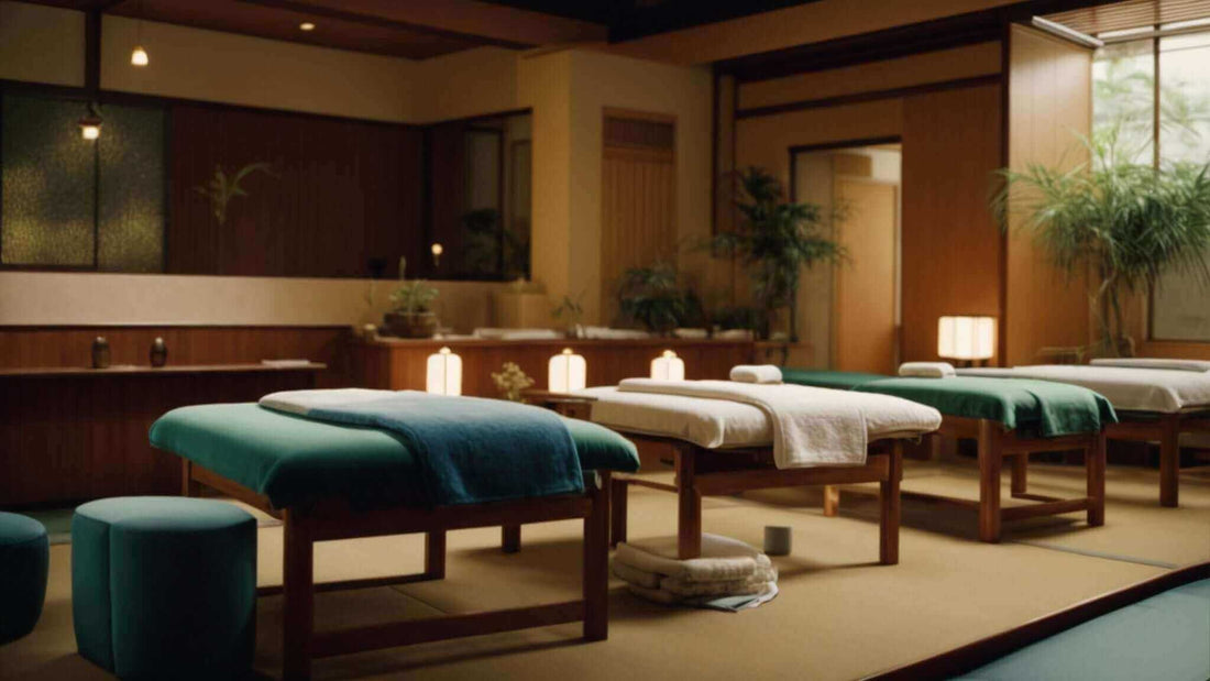The Ultimate Guide to Finding the Best Japanese Massage Chairs features traditional massage tables with white linens and dark teal covers