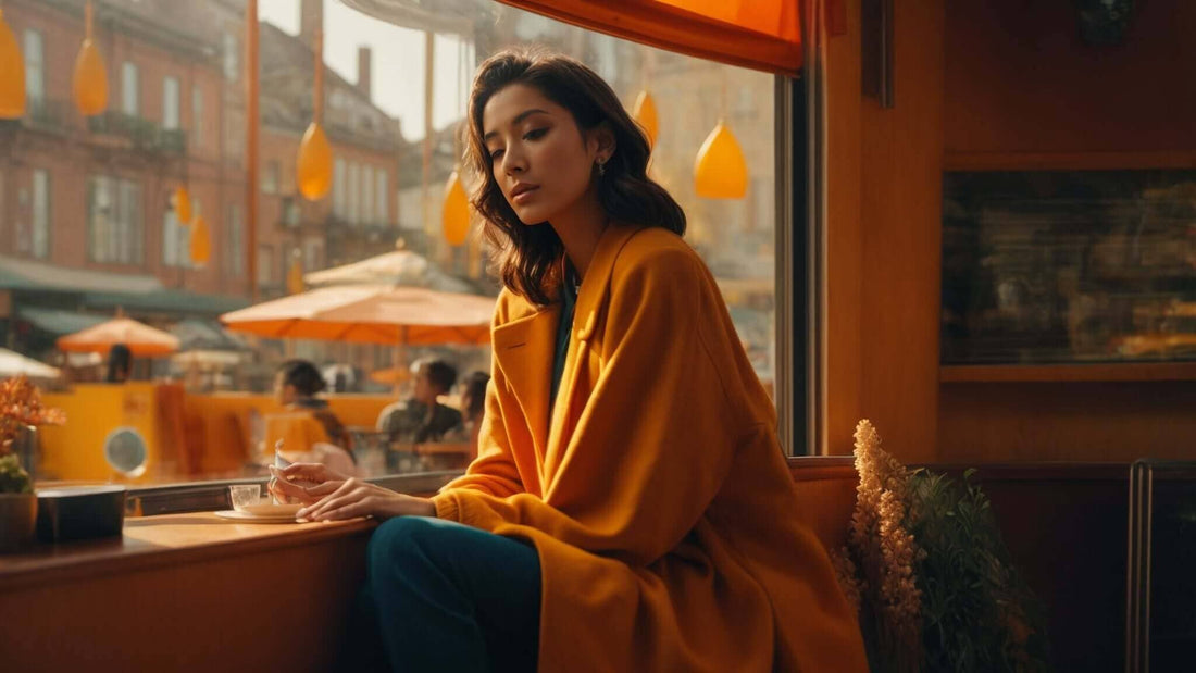 Woman in an orange top and teal trousers seated by a cafe window; The Ultimate Guide to SL Track Massage Chairs in 2025: Experience Unparalleled Relaxation