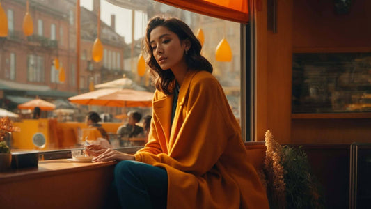 Woman in an orange top and teal trousers seated by a cafe window; The Ultimate Guide to SL Track Massage Chairs in 2025: Experience Unparalleled Relaxation