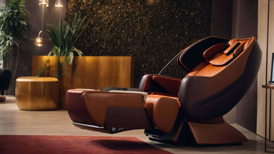 Massage chair in black and cognac brown upholstery, with a reclining design, padded armrests and an extended footrest. The Ultimate Guide to Understanding Massage Chair Features and Benefits