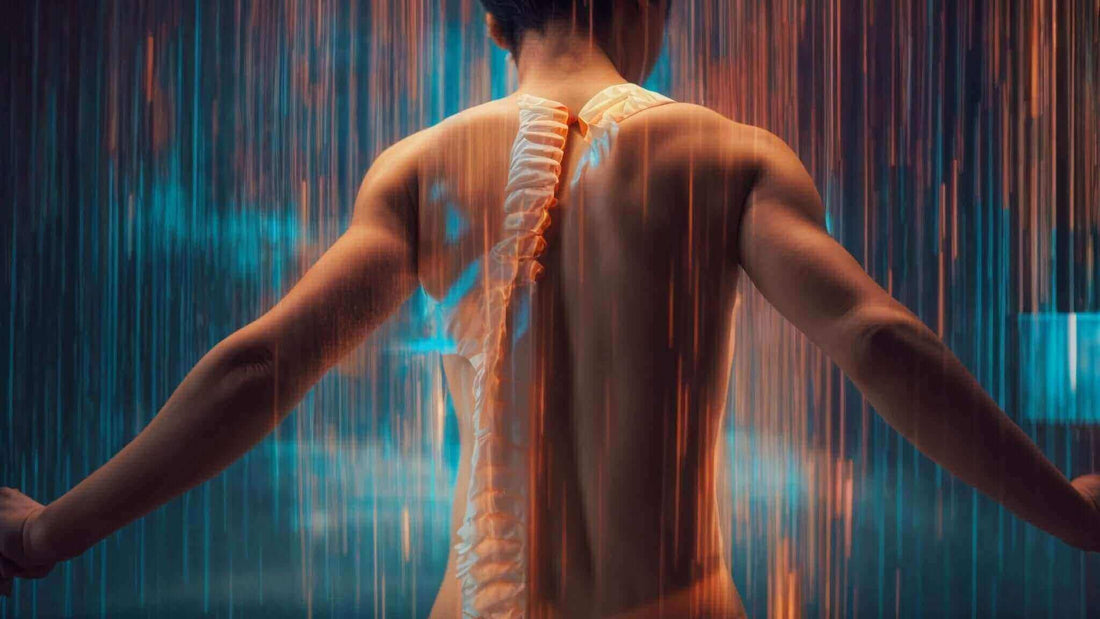 Back pain relief graphic with a glowing spine overlaid on a person's bare back. The Ultimate Guide to Using a Heated Lumbar Massager for Back Pain Relief